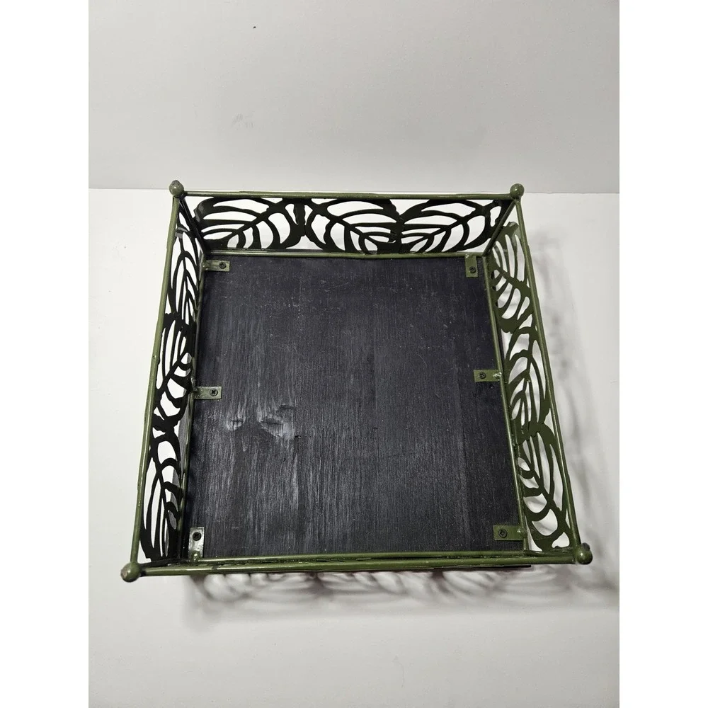 Leaf Metal Planter Set 2 Tropical Monstera Decorative Baskets Green Bronze Tray